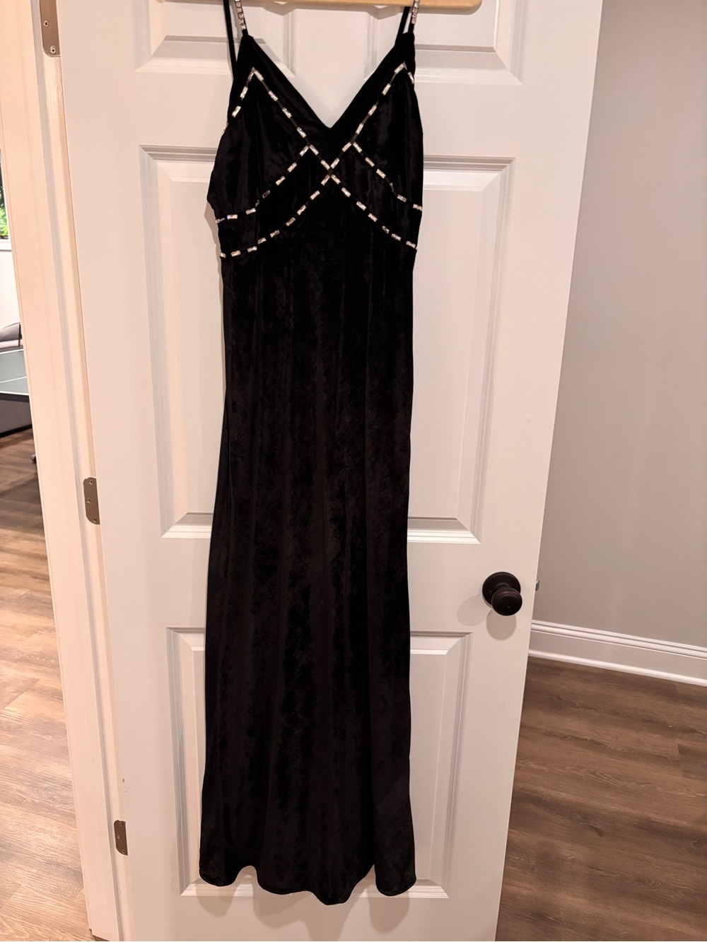LoveShackFancy Black crushed velvet Maxi Slip Dress with rhinestone bodice